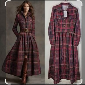 Oyrosy New with Tags Dress Size M Maxi Plaid Belt Fall Winter Shirt dress Sz S